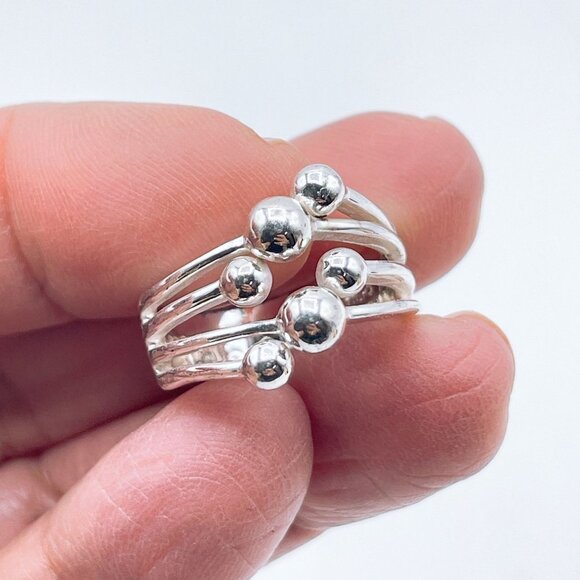Sterling Silver Band 6 Polished Bead Accents Minimalist Design Ring Size 7 - Picture 3 of 6